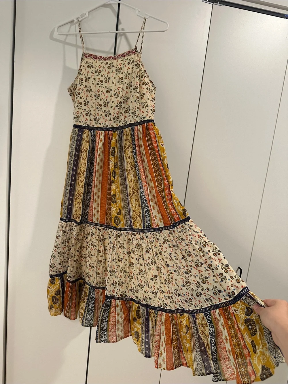 Bohemian Tiered Midi Dress in Cream Floral and Multi Stripe - Picture 2 of 10